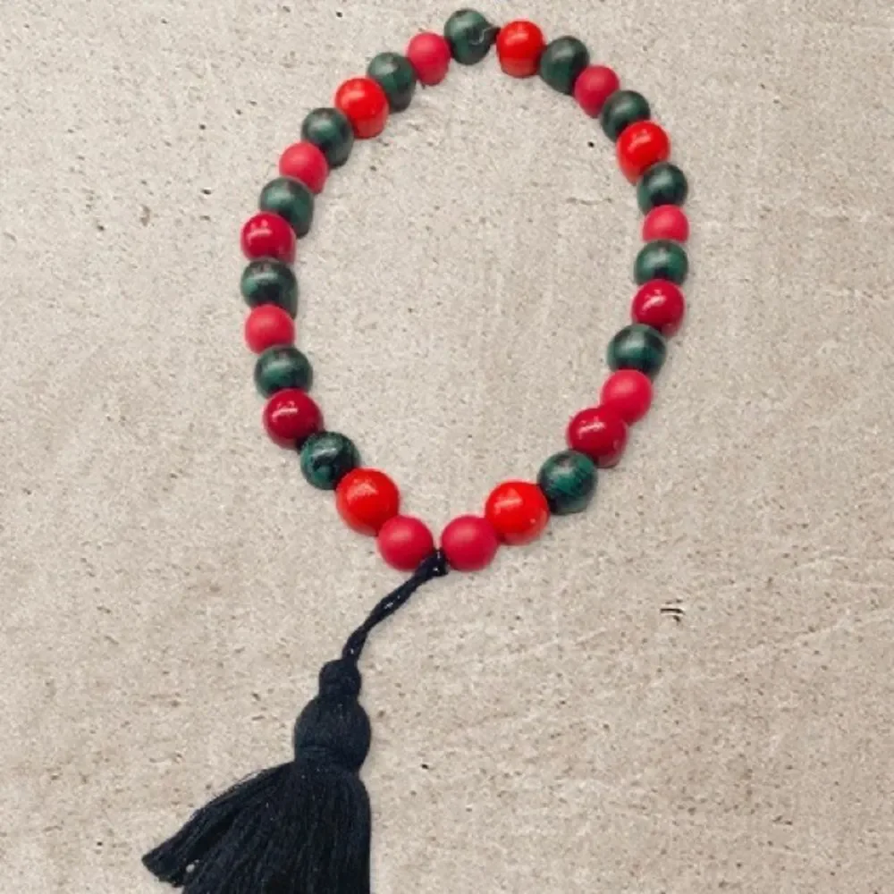 NEW Wood Bead Garland with Plaid Tassels